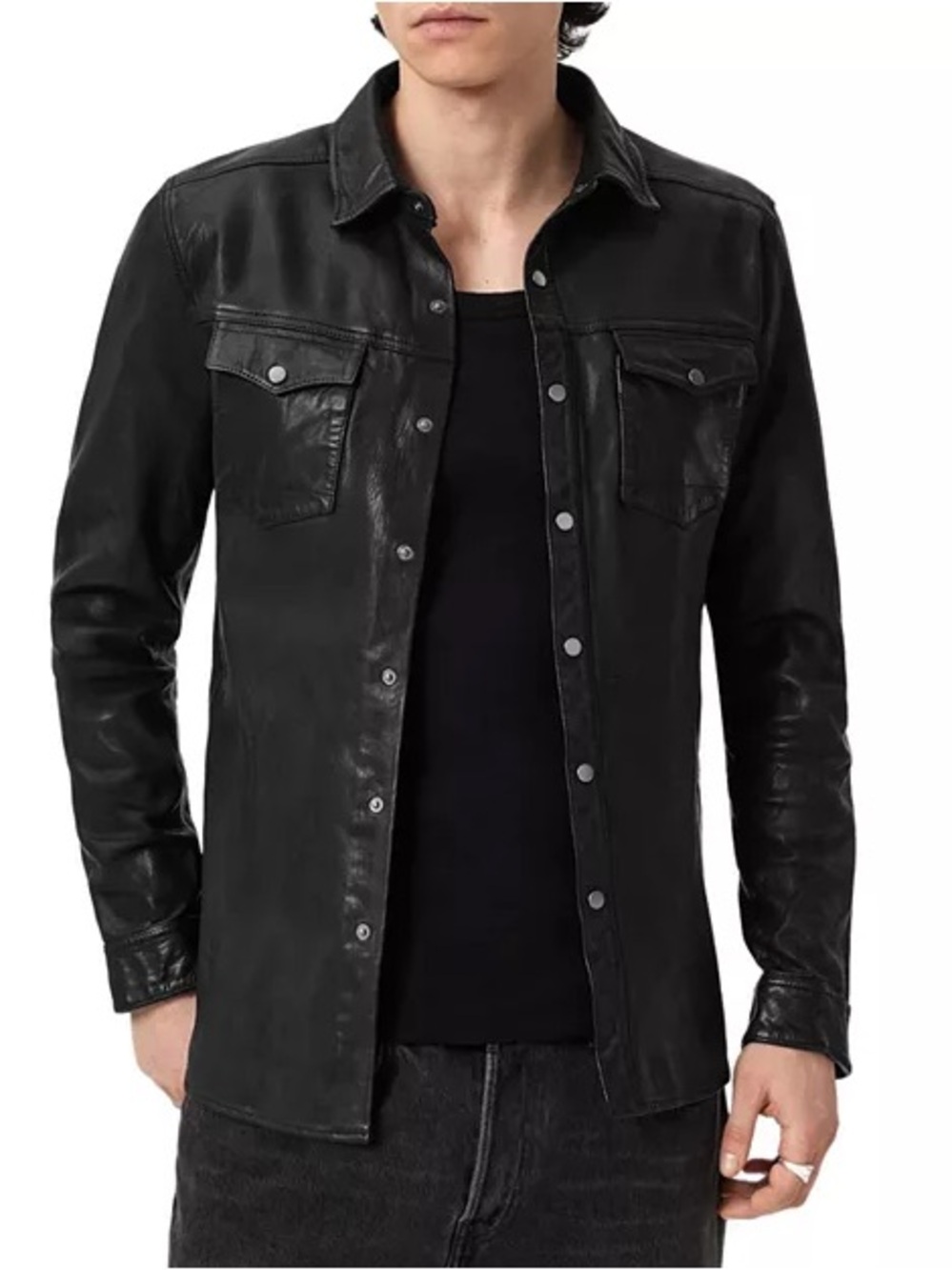 AllSaints Men’s Irwin Black Sheepskin Leather Snap Button Shirt Jacket Size L